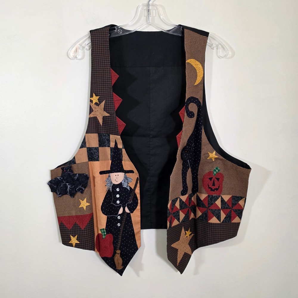 Women Vest Halloween Witch Quilted Cat Bat Patchwork sparkly star Rustic SZ L/XL